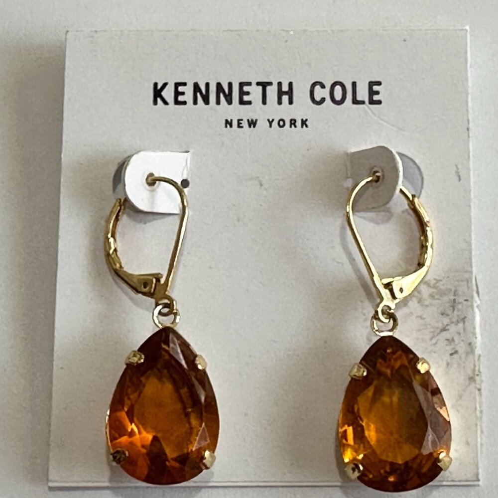 Kenneth Cole New York Amber Glass Gold Tone Leverback Earrings on Card
